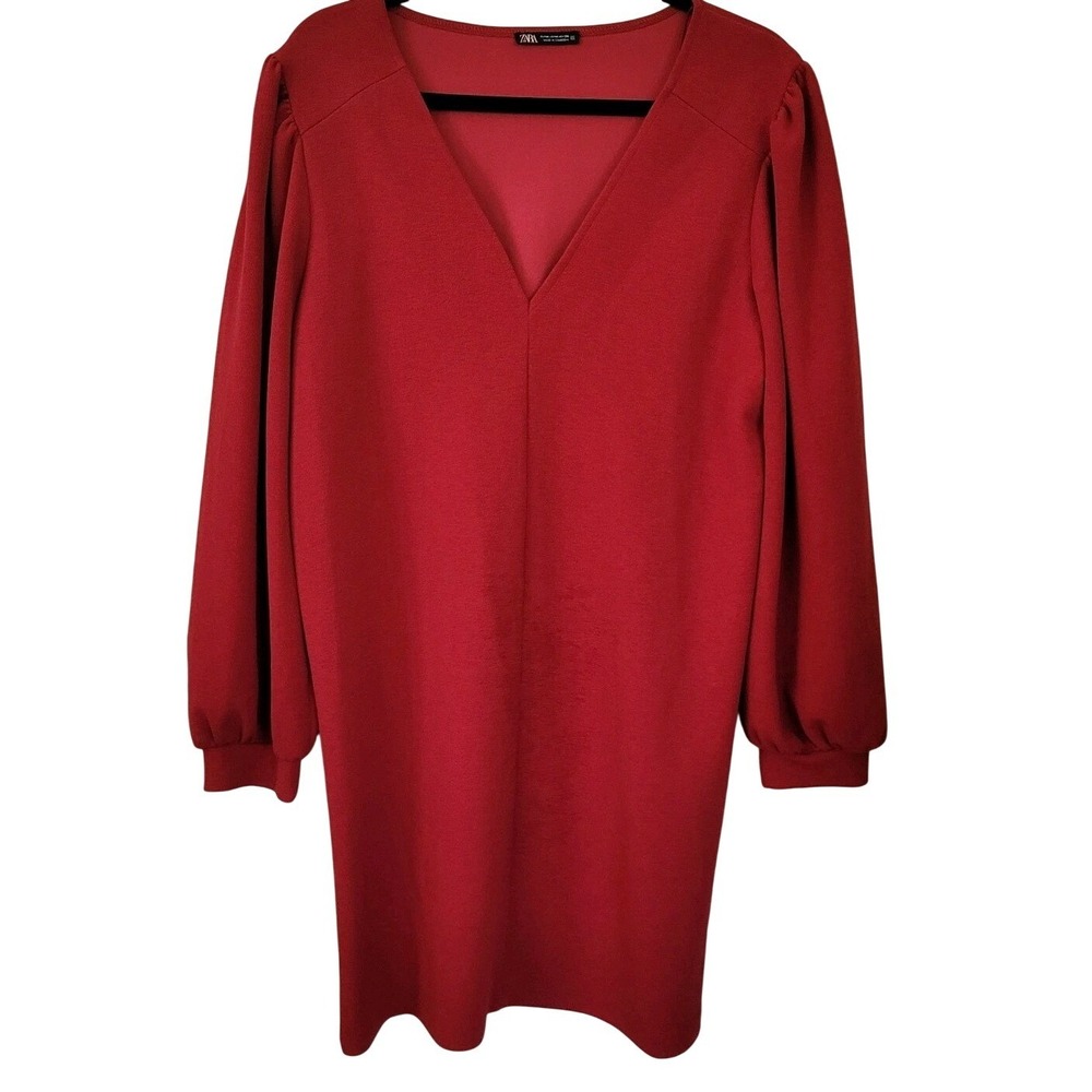 Zara M Burgundy Shift Dress V-Neck Long Puff Sleeve Woven Short Casual